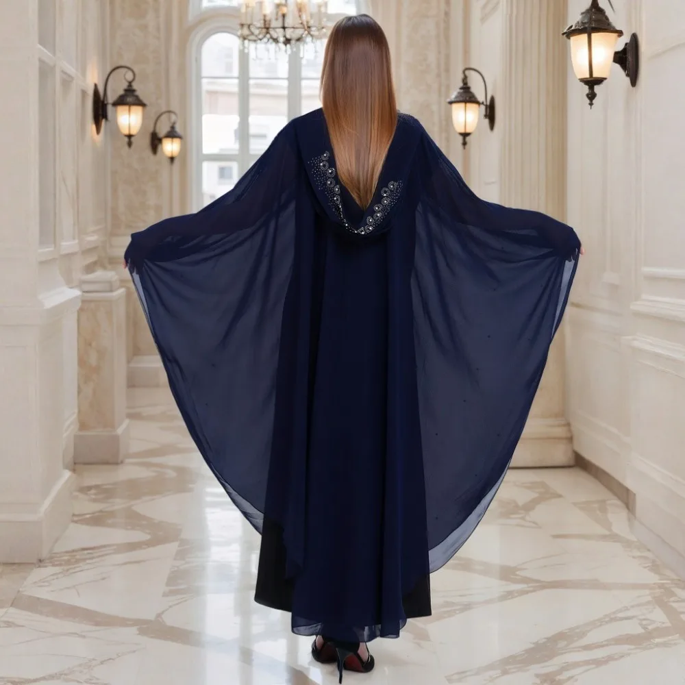 Heißer Verkauf Hot Diamond Bead Robe Muslim Schal mit Kapuze Cape Kleid Fledermausärmel