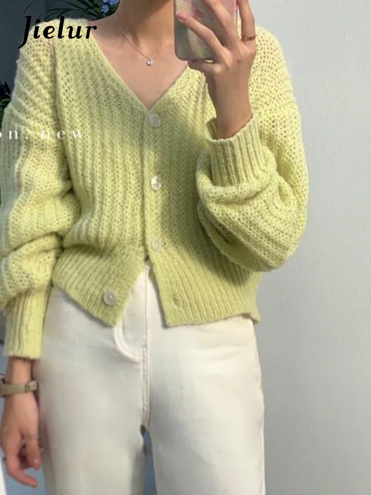 Jielur Autumn New Solid Color Loose Women\'s Cardigan Sweet Ladies Korean Cardigan Woman White Pink Yellow Green Knitted Cardigan