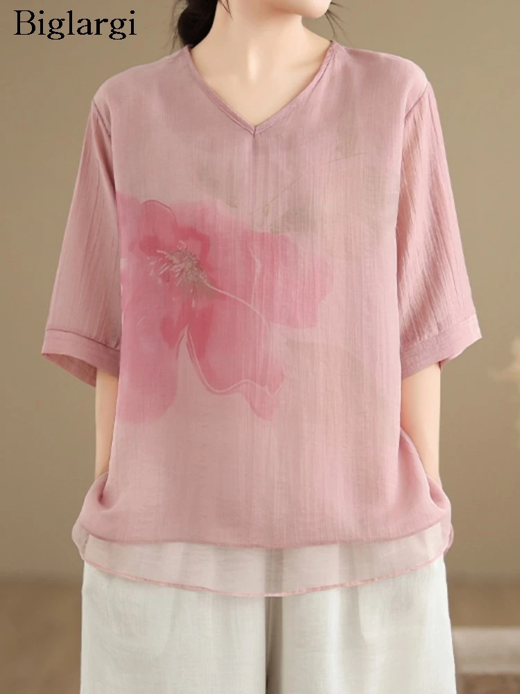 

Oversized Summer Pink V-Neck T-Shirts Women Flower Floral Print Fashion Ladies Blouses Loose Casual Woman T-Shirts