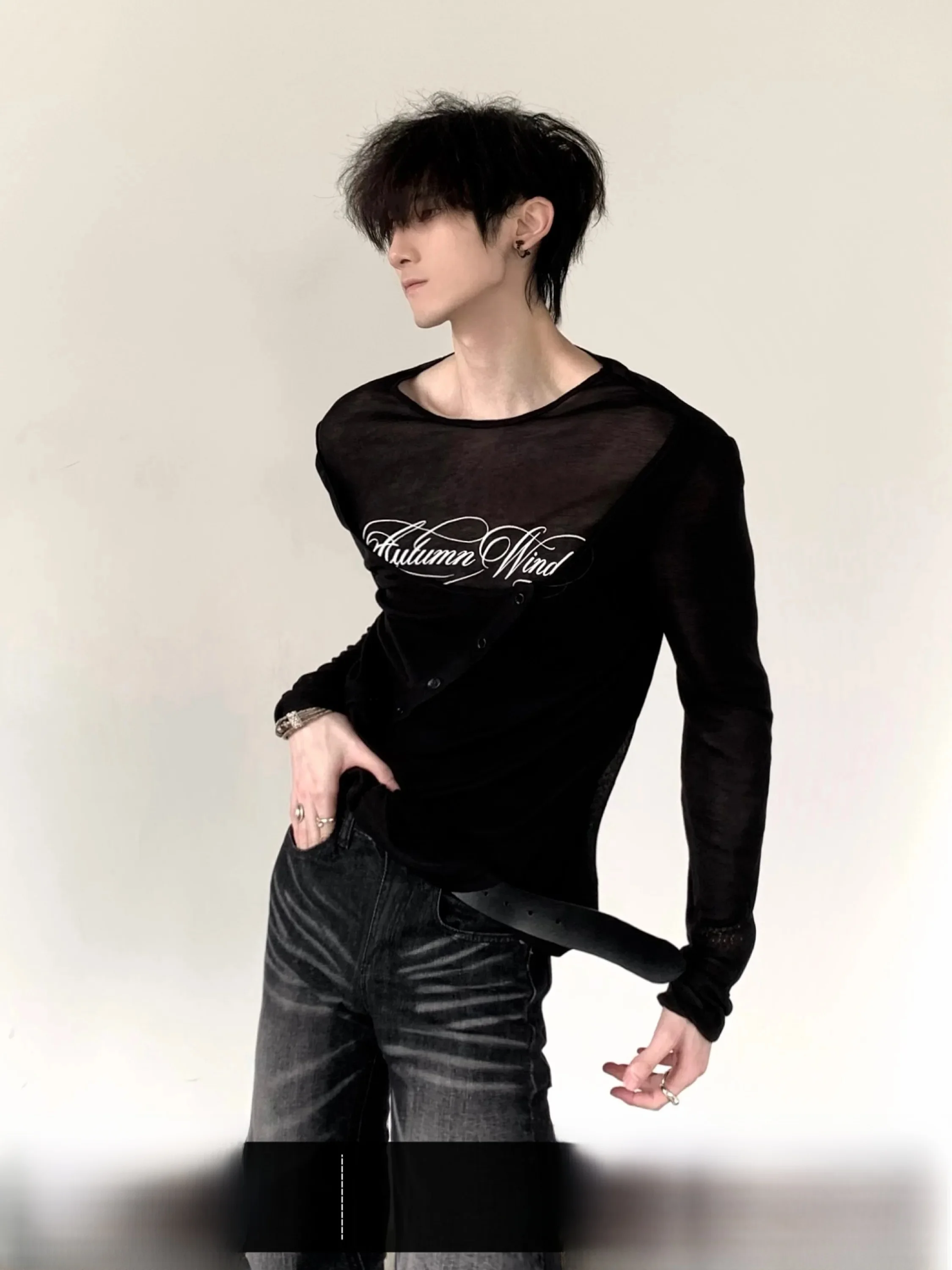 Y2K Autumn Mountain Wind Lightweight Knitted T-Shirt Men's Visual Series Semi-Transparent Mesh Cover up Street Style Long Sle...