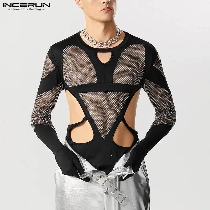 INCERUN Stylish Men Jumpsuit Flash See-through Mesh Hollow Deconstruction Design Rompers Triangular Long Sleeved Bodysuits S-5XL