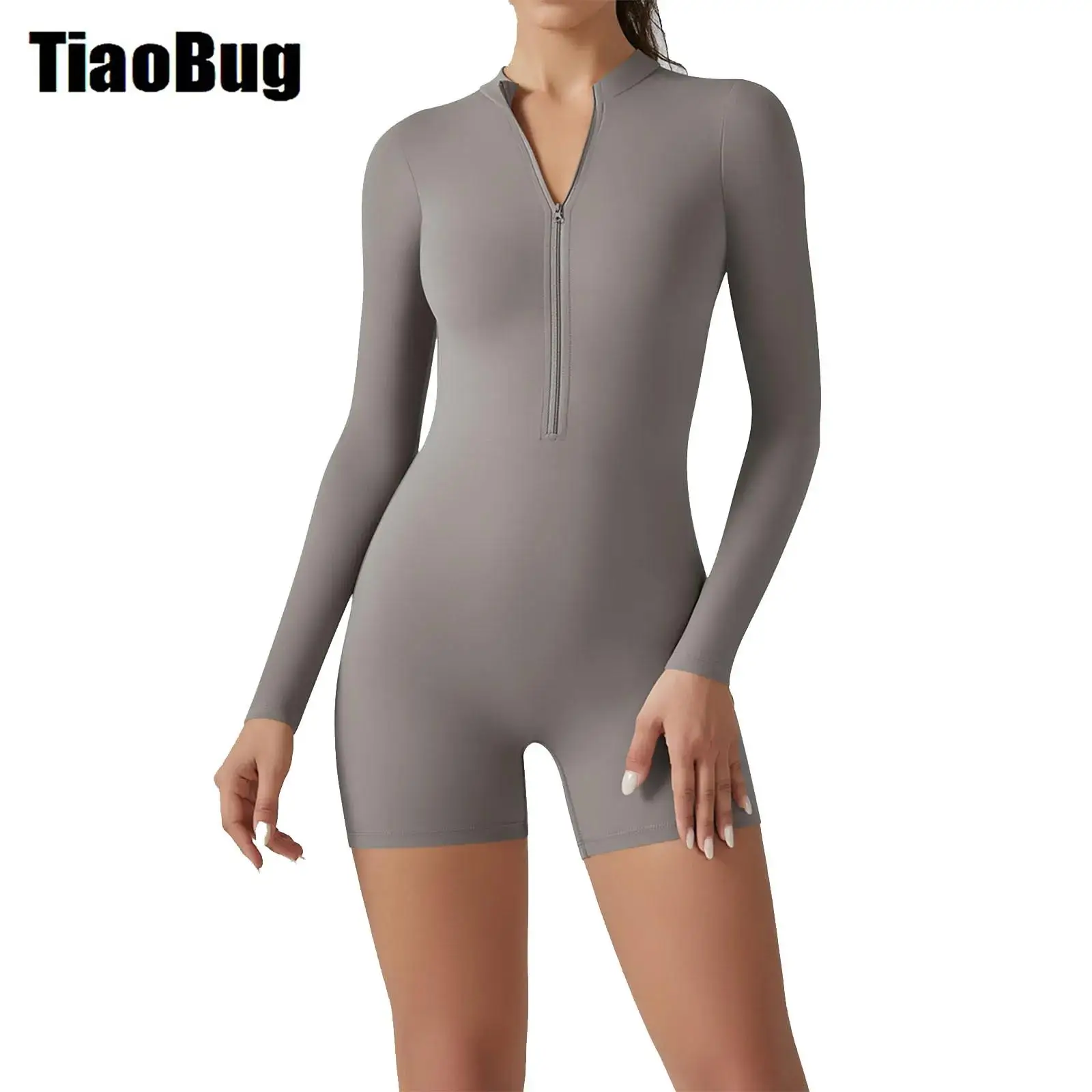 Women Solid Colour Sport Swimsuits One-piece Bodysuit Zip Up Short Jumpsuit Running Jogging Yoga Romper Gym Workout Unitard