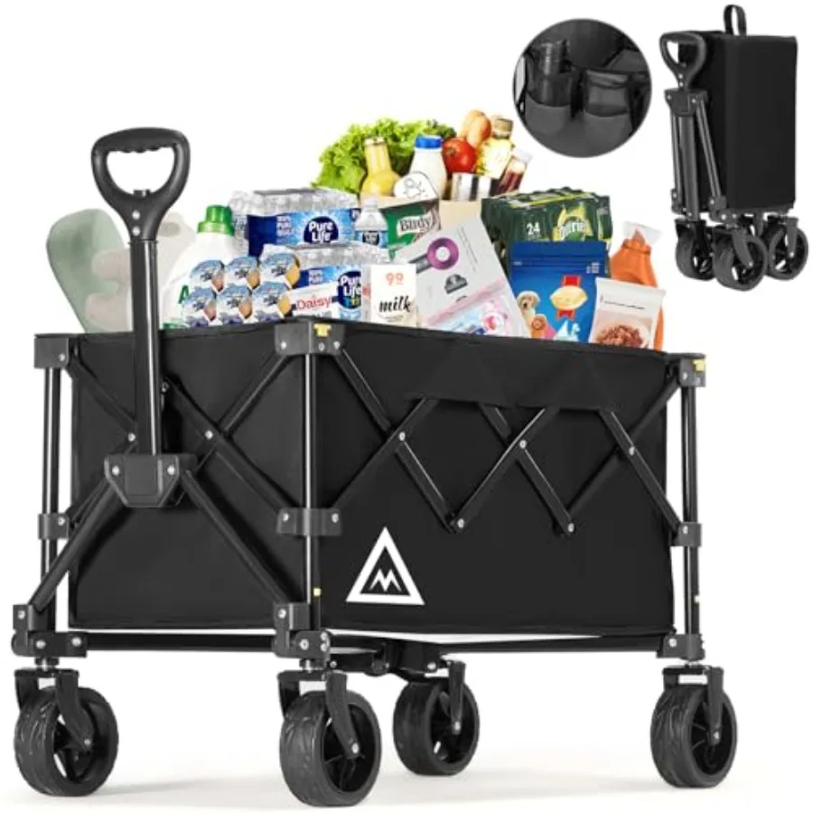 

Foldable Shopping Wagon Cart with Wheels for Beach Garden Outdoor Grocery Heavy Duty All Terrain Portable Black