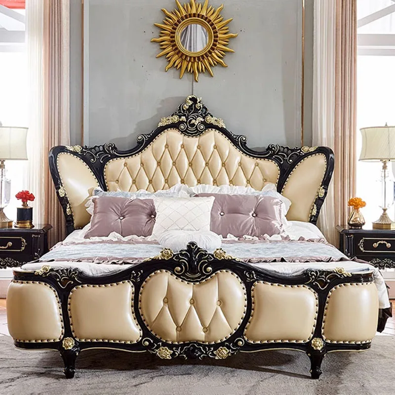 Designer Pretty Double Bed Frame Wood Elegant European Black Bedroom Luxury Queen Bed Frame Modern Cama Box Casal Furniture