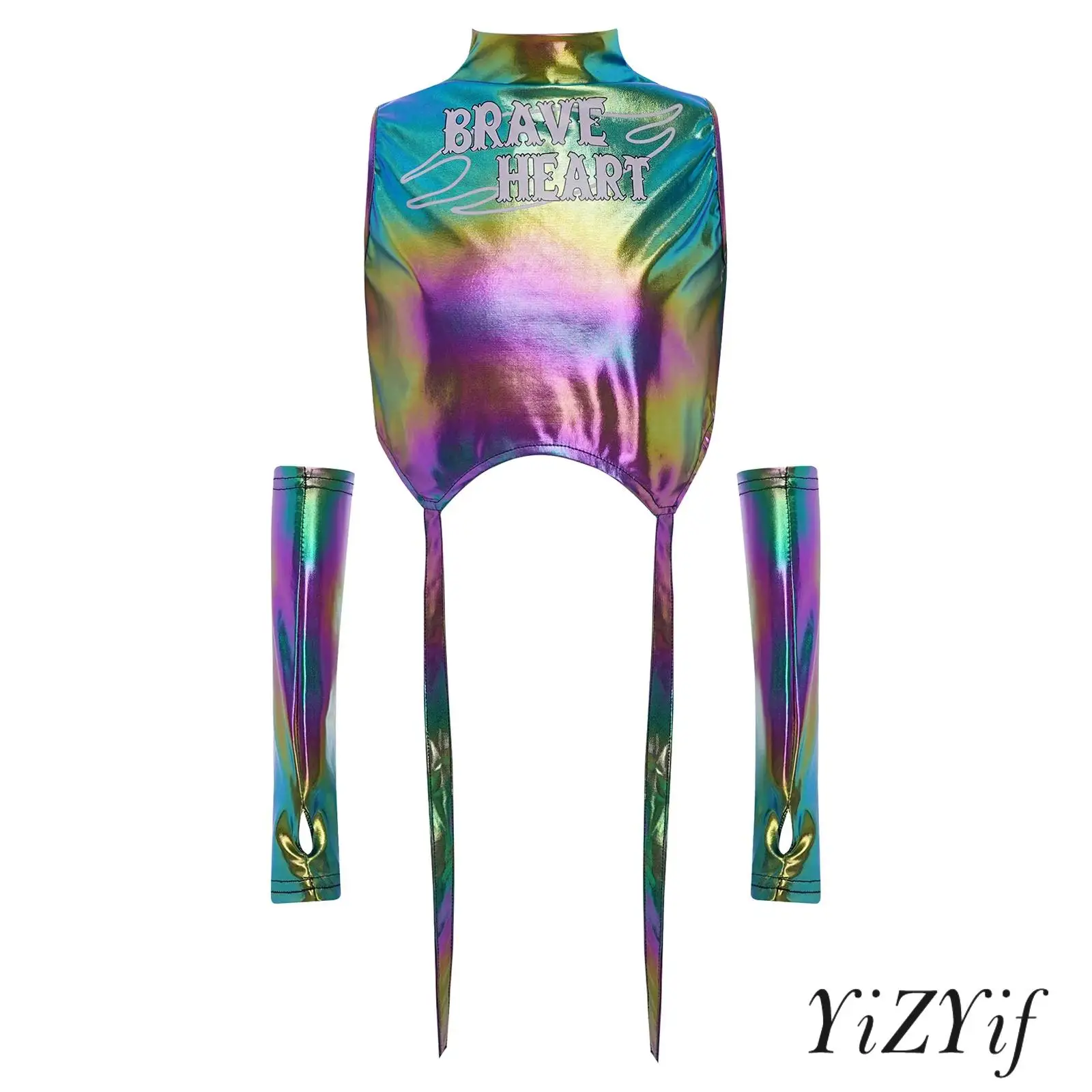 

Kids Girls Hip-Hop Jazz Dance Top Outfits Crew Neck Sleeveless Metallic Crop Top Print Vest with Flower/Gloves for Street Dance