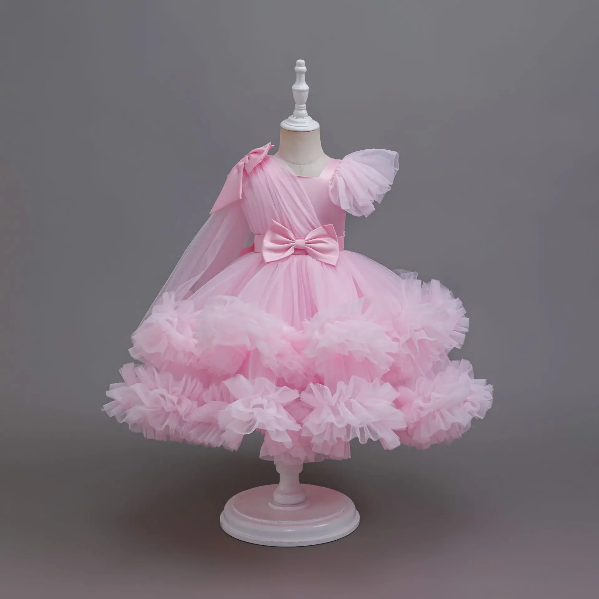 Rainbow Lace Girl Princess Dress Puff Sleeve Summer New Kids Children's Wedding Party Ball Gowns 1-9 Years