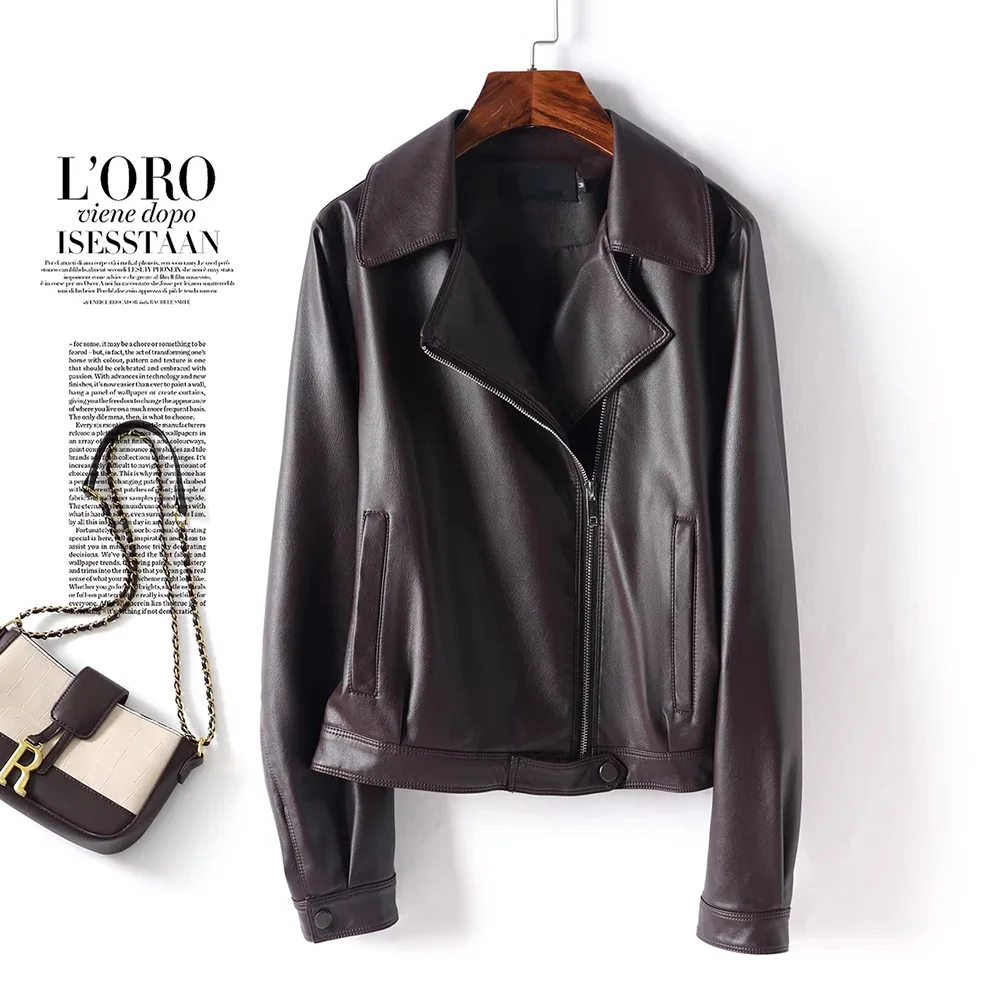 New Women Split Leather Short Coat Spring Autumn Fashion Turn-down Collar Long Sleeve Leather Jacket Simplicity Sweet Jacket view 4