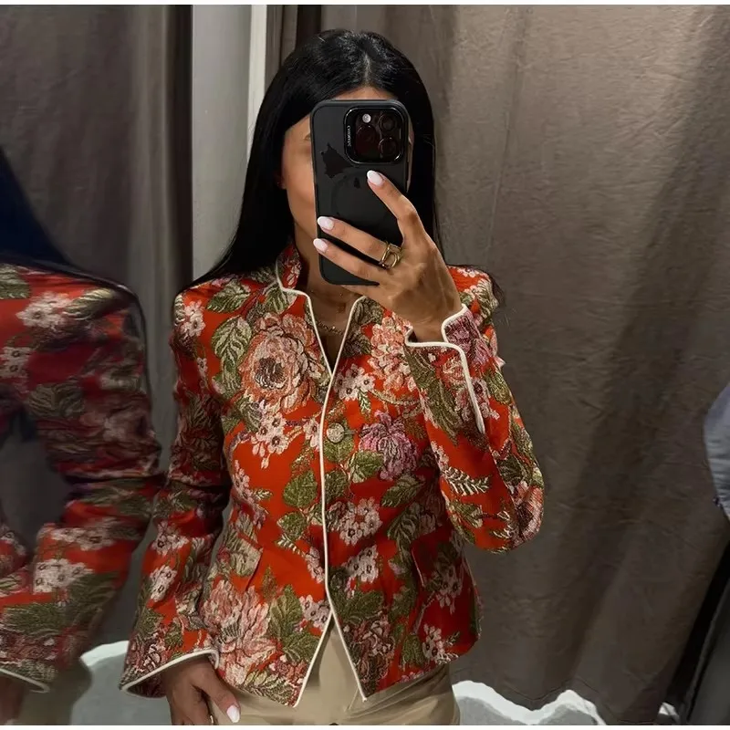 Women's Printed Floral Jackets 2026 Autumn New Cropped Long Sleeve Tops Vintage Fashion Coat With Button Chic Jackets Woman Coat