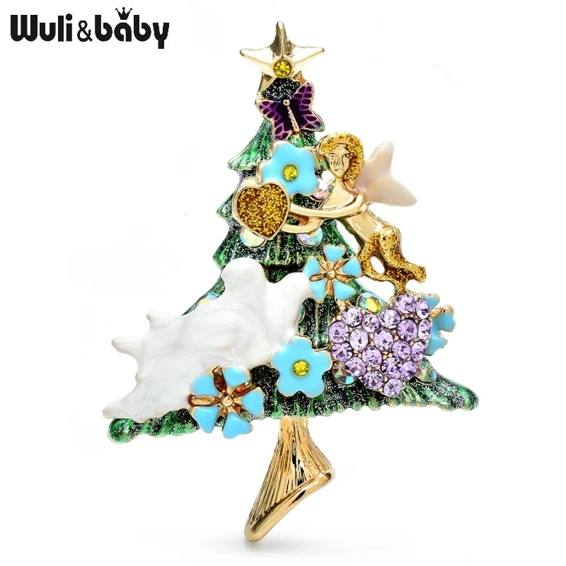 Wuli&baby Vintage Cartoon Christmas Tree Brooches For Women Unisex Luxury Elf Taking Gifts Trees New Year Brooch Pins Gifts