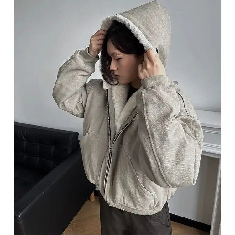 

T American Retro Thiened Cotton Jaet Hooded Fur Coat Men's Women's Winter Warm Outerwear Youth Faion Polyester Fiber