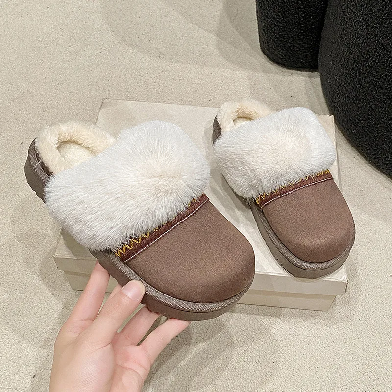 2025 الشتاء الجلد المدبوغ الراحة سميكة وحيد نعال مسطحة موضة جديدة مستديرة رئيس دافئ كبير الحجم النعال غير رسمية للنساء 36-41 #6