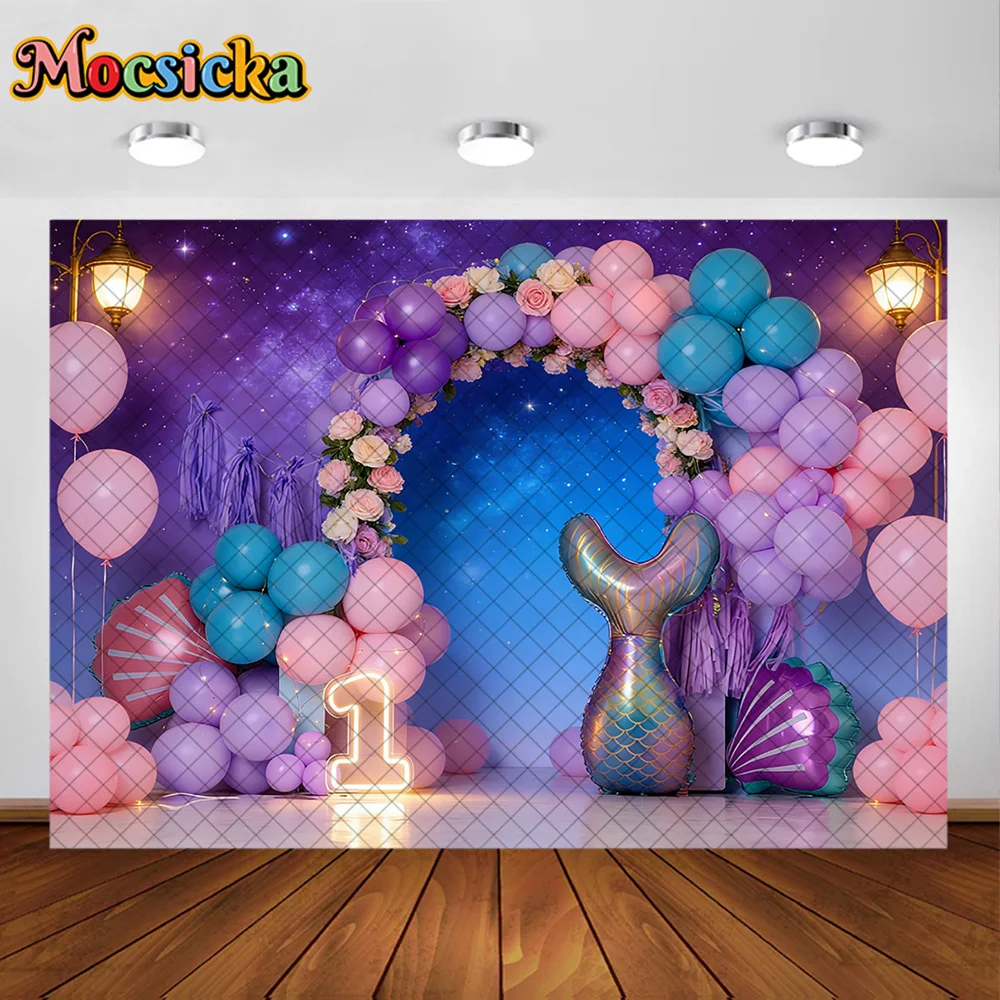 Mocsicka Photography Backdrop Mermaid Purple Balloon Decoration Baby Shower Newborn 1st Party Backgrounds For Photographs
