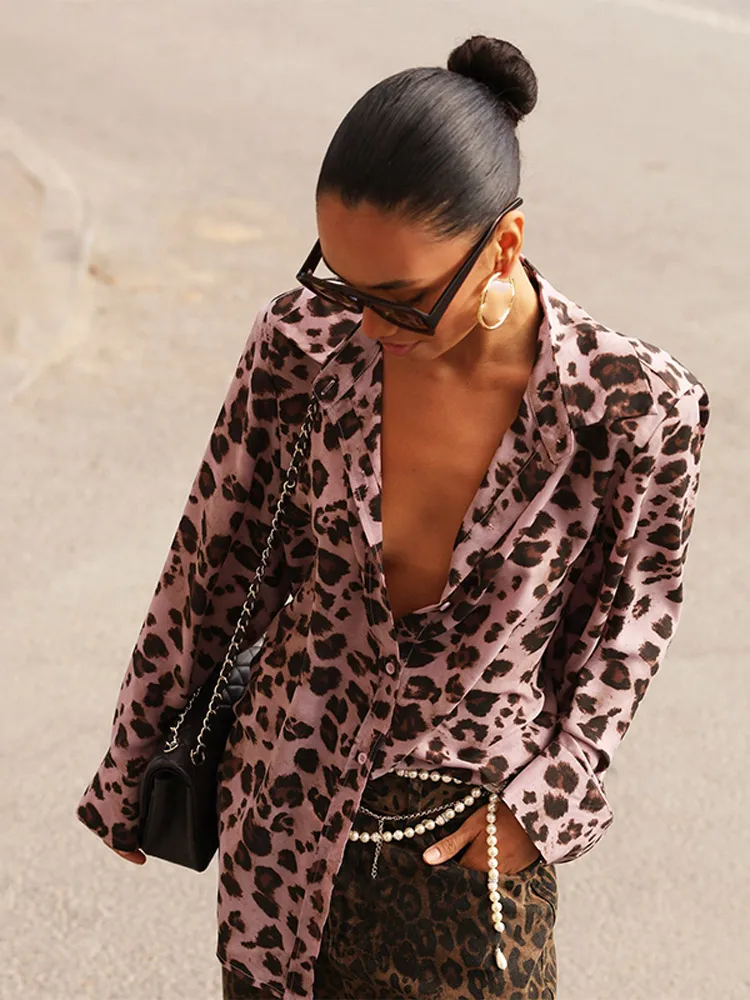 

Chic Leopard Printed Lapel V-neck Shirt Women Elegant Full Sleeve Single Breasted Blouse Lady New High Street Office Wear 2025