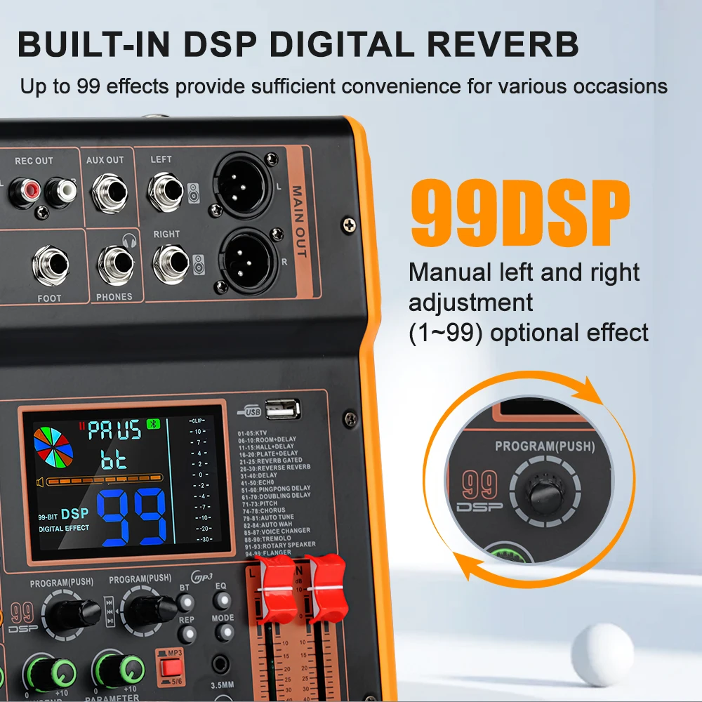 LEUS BOS4/6 Channel 99 DSP Effect Audio Mixer Record PC 48V Phantom Power USB Sound Mixers Bluetooth DJ Console Mixing for Karao