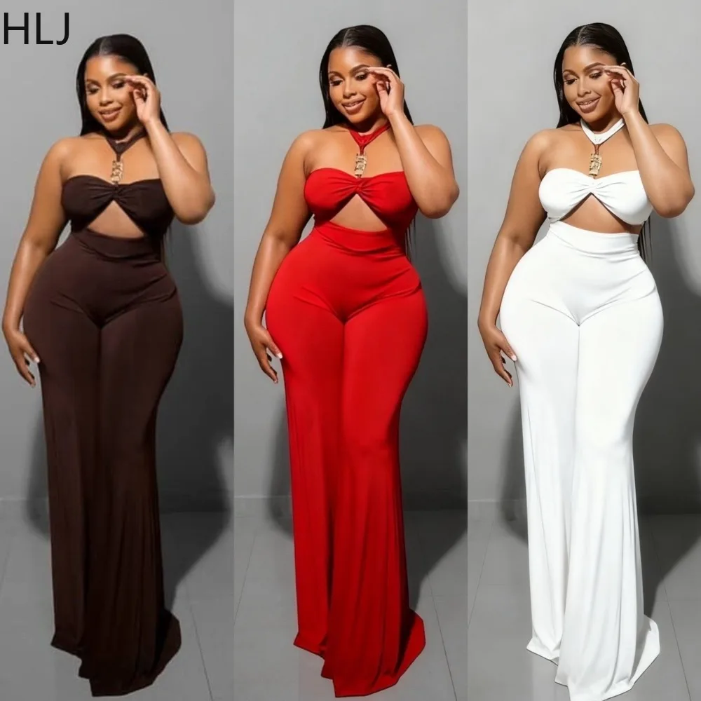 HLJ エレガントな中空パッチワークボディコンジャンプスーツ女性のためのホルターネックノースリーブバックレスロンパース女性ストリートウェアオーバーオール新しい