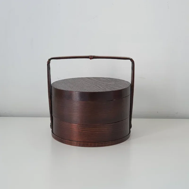 Portable Lunch Box Portable Wooden Lunch Box Brown Round Multi-layered Sushi Box Gift