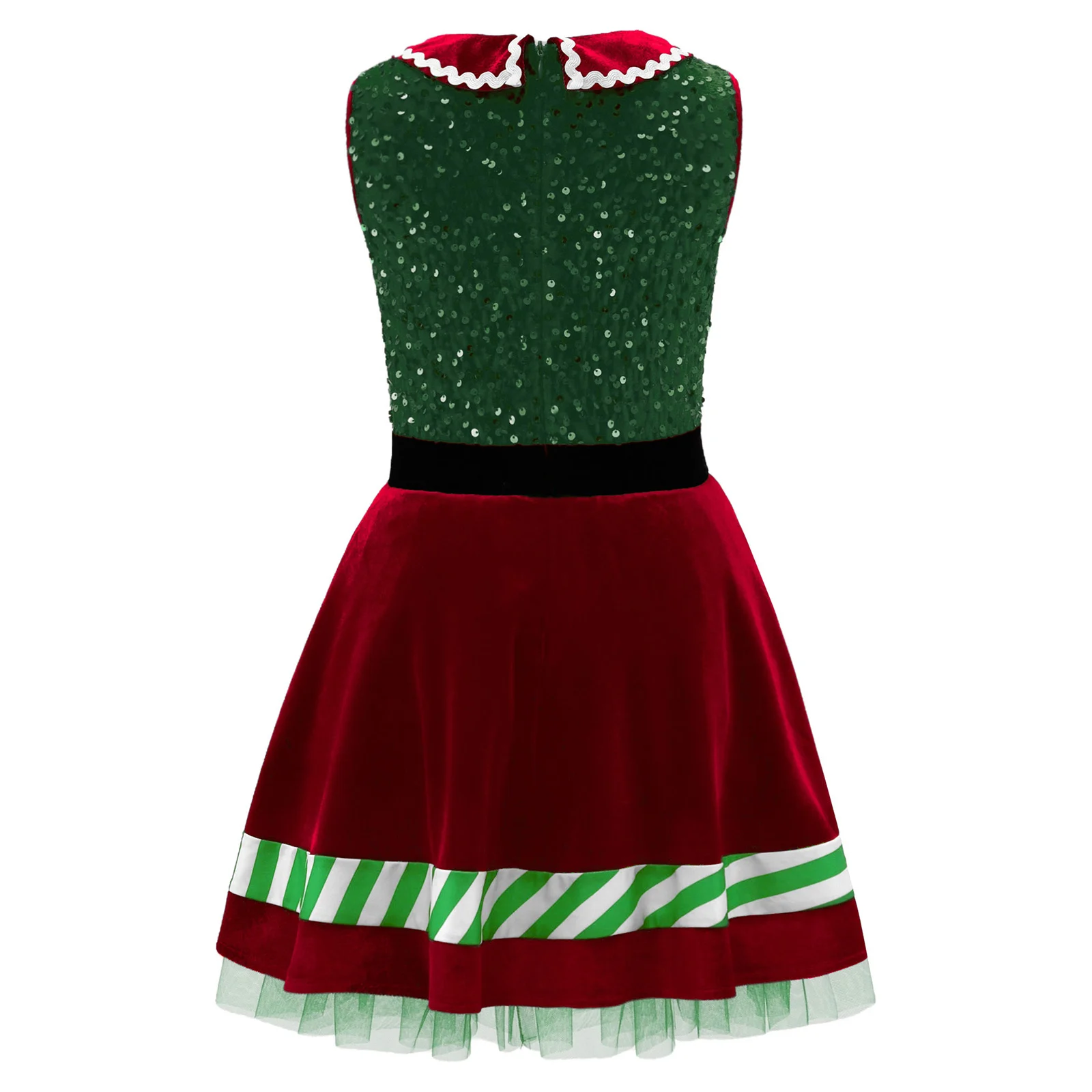 Kids Girls Christmas Elf Santa Claus Sequin Costume Sleeveless Velvet Zipper Mesh Tutu Dress for Xmas New Year Party Photo Shoot