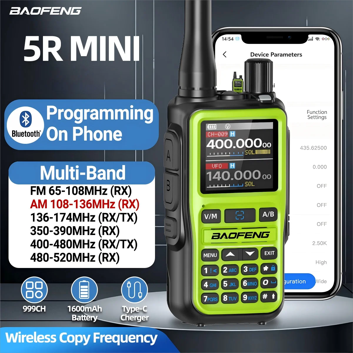 

Baofeng UV-5R Мини-рация Bluetooth Приложение Программирование Многодиапазонный 999CH Беспроводная частота копирования Двойной PTT Type-C Ham Radio