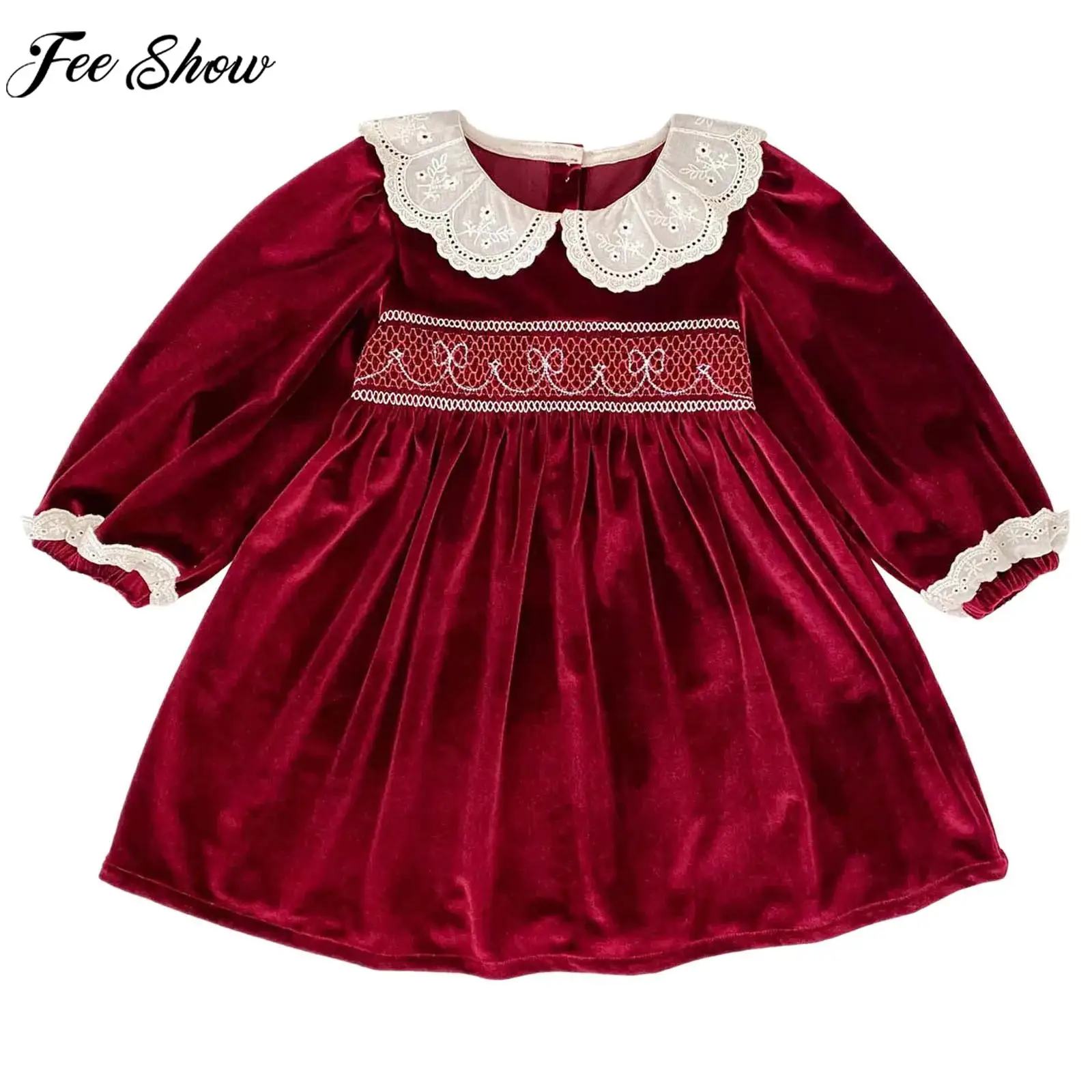 

Рождественское платье для маленьких девочек, бархатное платье с длинными рукавами и кружевной отделкой, кукольным воротником, на Рождество, Новый год, свадьбу, день рождения, вечеринку, фотосессии