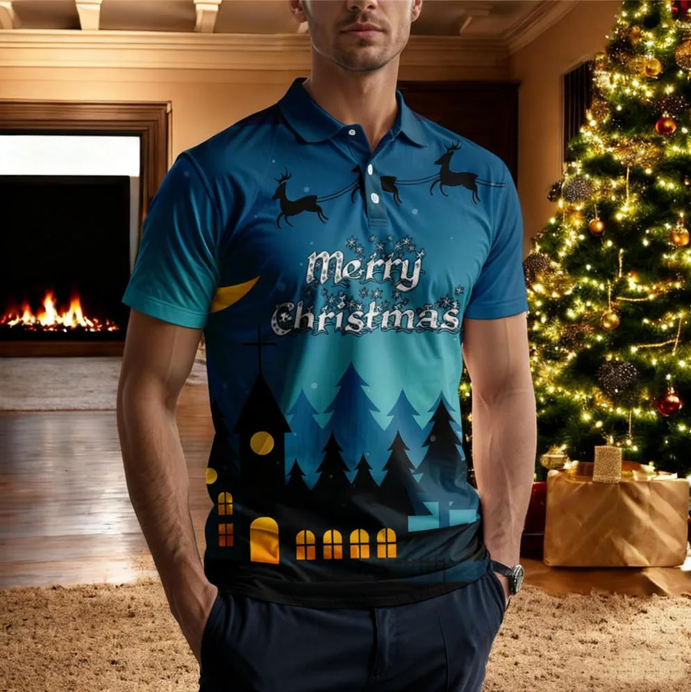 قميص بولو للرجال بطابع عيد الميلاد، ملابس بسيطة برسومات حروف وأكمام قصيرة، بلوفر عصري إبداعي للرجال