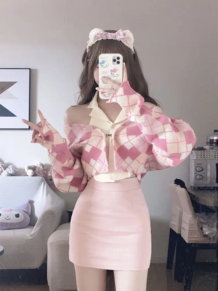 Imagem -02 - Conjunto de Vestido de Malha de Duas Peças Xadrez para Mulheres Tops Colete Mini Saias Roupas Kawaii Casual Y2k Outono 2023