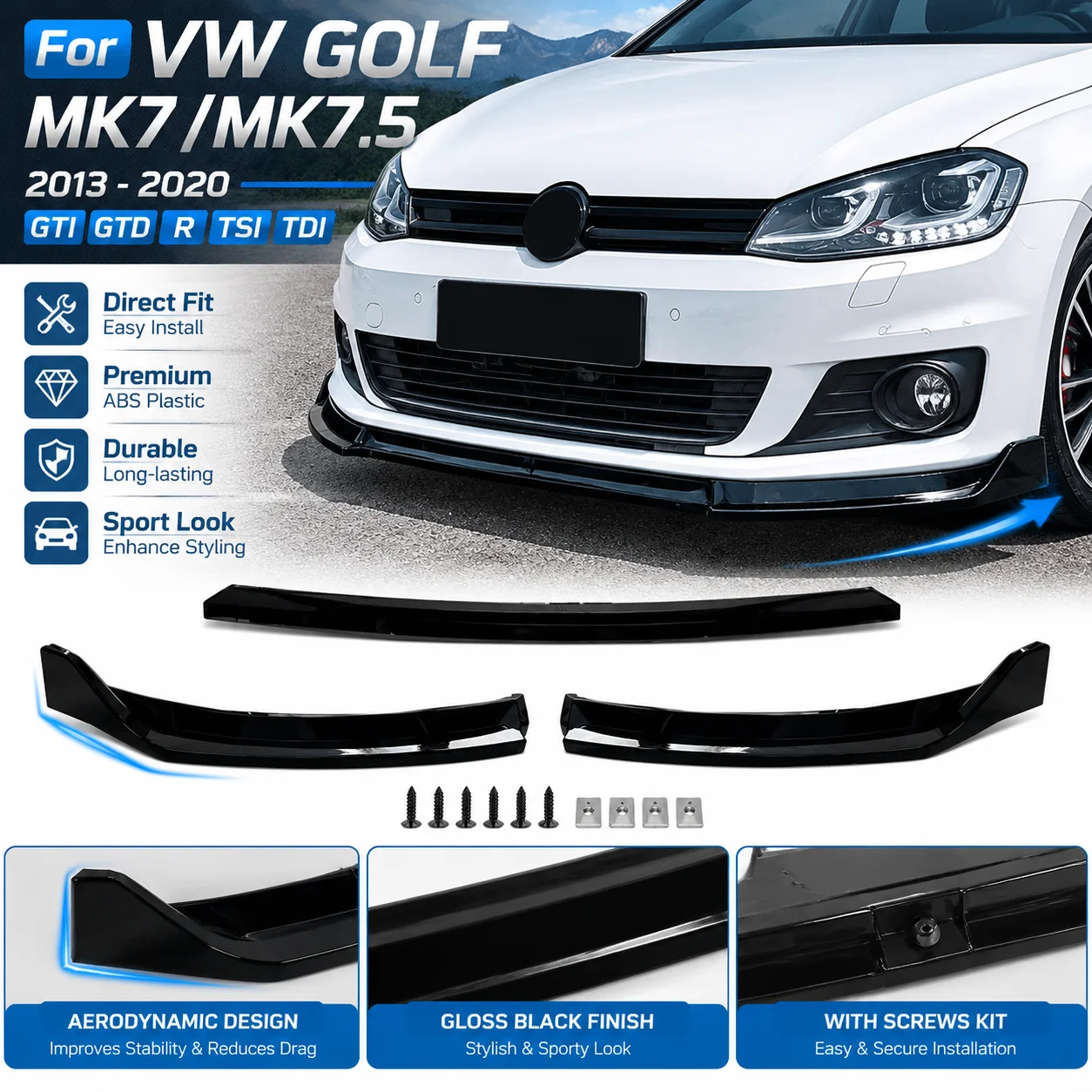 Per VW Golf MK7 MK7.5 Spoiler Anteriore Splitter Labbro Kit Carrozzeria R GTD GTI TSI TDI 2013-2020 Nero Lucido Diffusore Sottoparaurti Paraurti in Plastica ABS Durevole Montaggio Diretto Facile