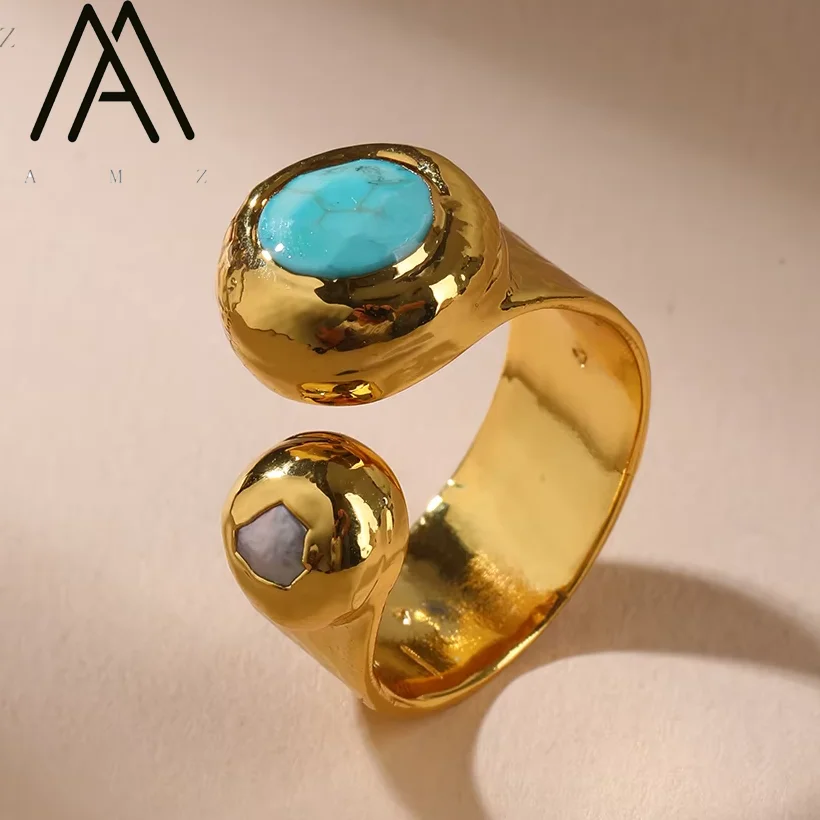 

Natural Freshwater Pearl Ring Trendy Glittering Turquoise Gemstone Gold-Plated Ring Asymmetrical Fashion Jewels Party Accessorie