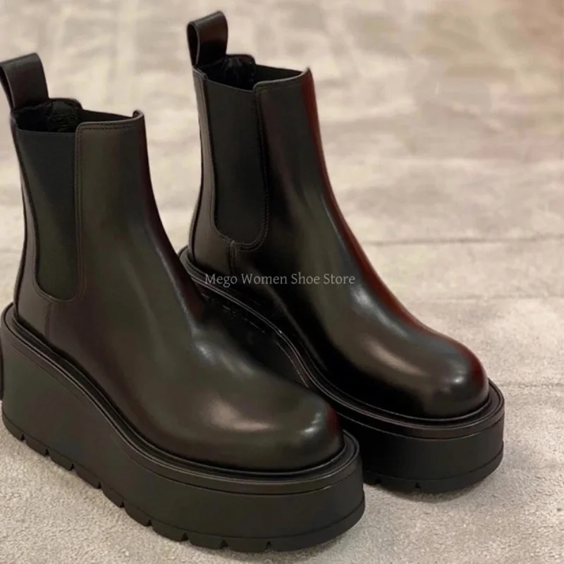 Height Increasing Thick Soled Short Boots Women's Leather Chelsea Boots Black Elastic Sleeve Sponge Shoes Short Tube Ankle Boots