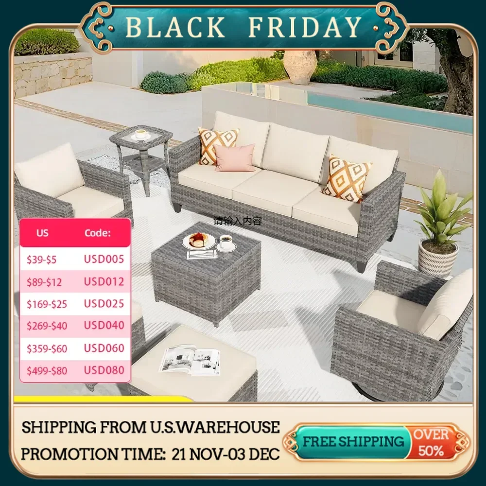 Patio furniture set, 7 pieces of outdoor wicker rattan sofa, double seat and comfortable cushion set for garden backyard