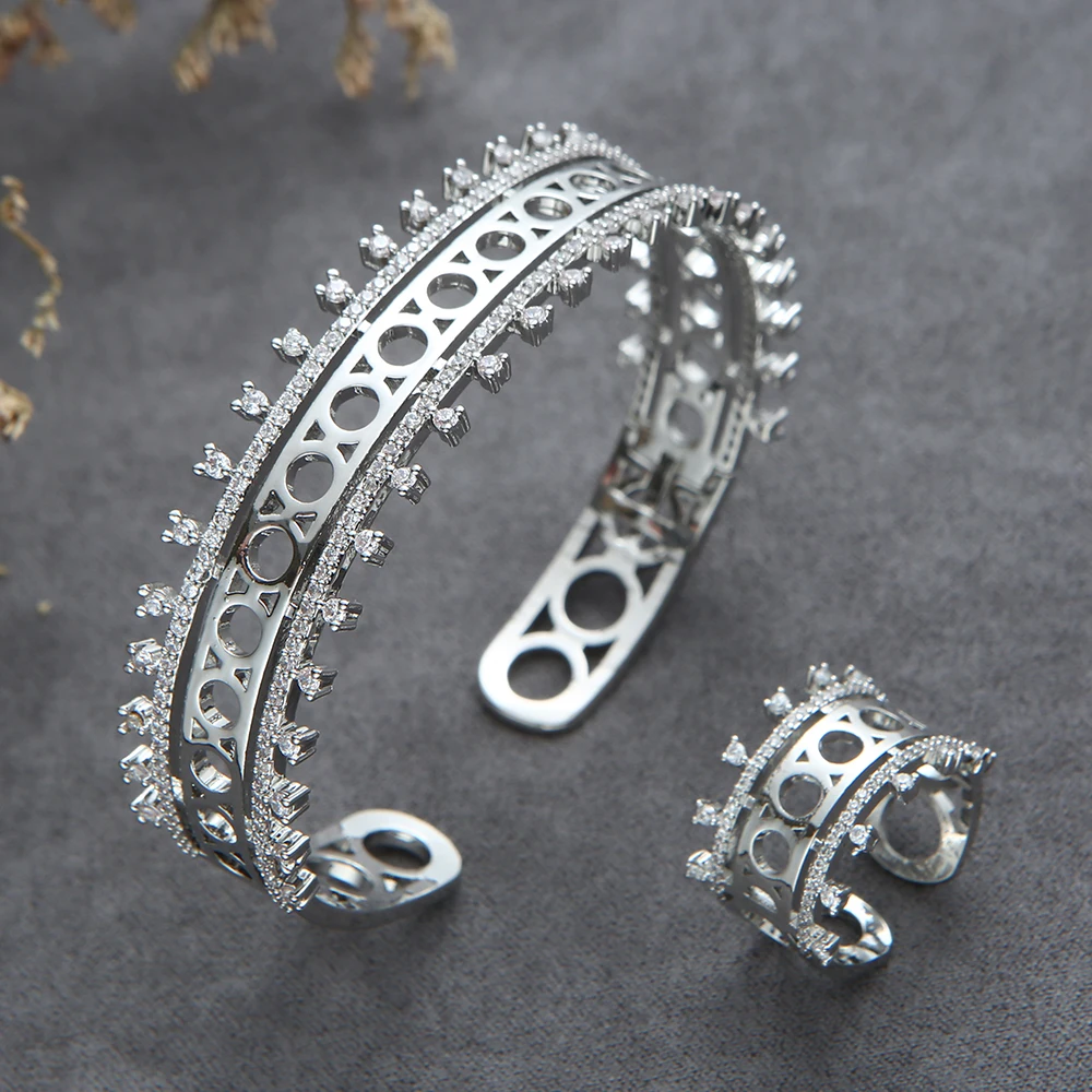 Luxury 2PCS Dubai Bangle Ring Set Fashion Jewelry For Women Wedding Engagement Brincos Para As Mulheres HXS018 S338