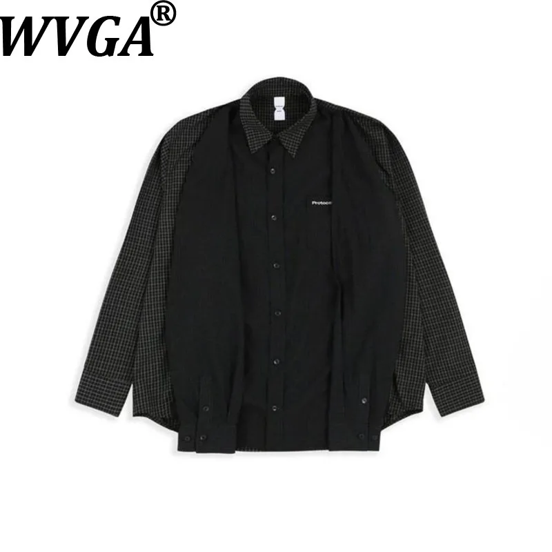 WVGA Spring Autumn New Men's Four-sleeve Faux Two-piece Patchwork Plaid Drop-shoulder Trendy Shirt Niche Chic Casual Tops W27184