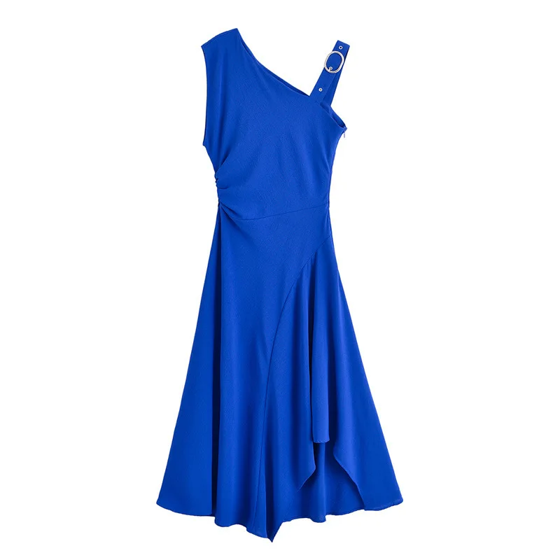 New Summer Wind Blue Asymmetrical Buckle Slanted Shoulder Sleeveless Suspender Skirt