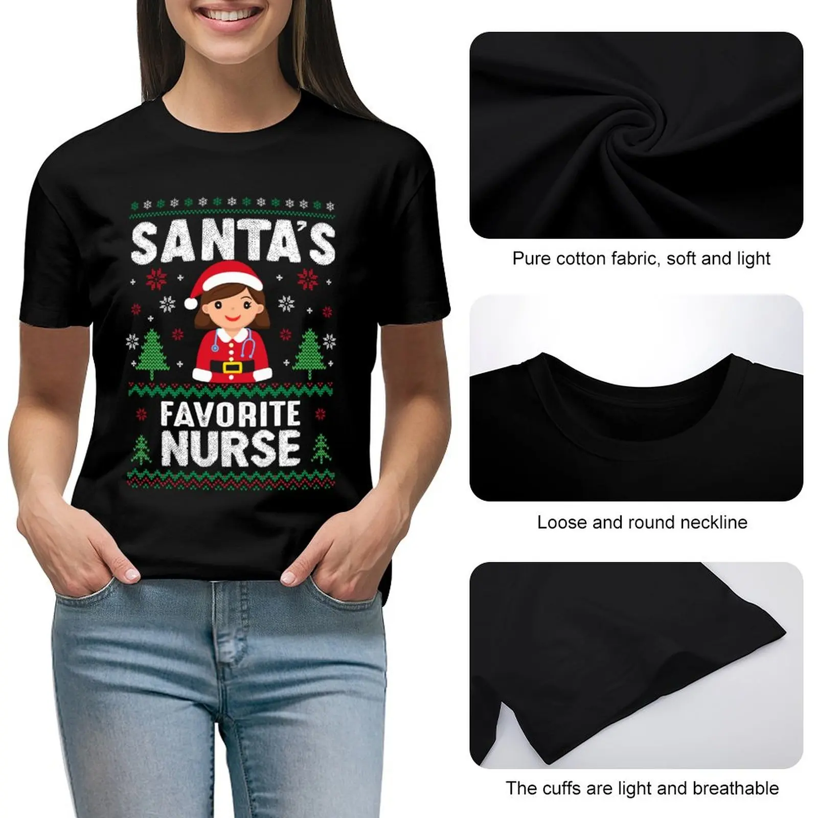 Santa's Favorite Nurse T-shirt cute tops plus size tops Women clothing