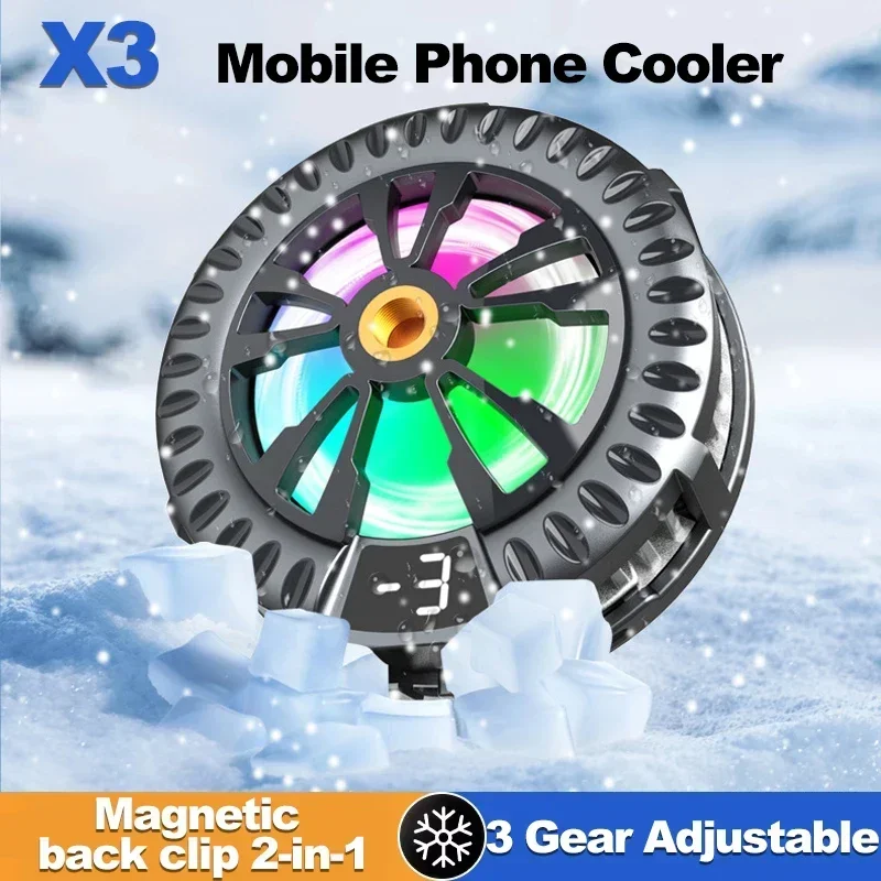 

X3 Mobile Phone Semiconductor Cooling Fan Radiator Magnetic Back Clip 2 IN 1 3 Gears Adjustable Game Cooler for IOS Android PUBG