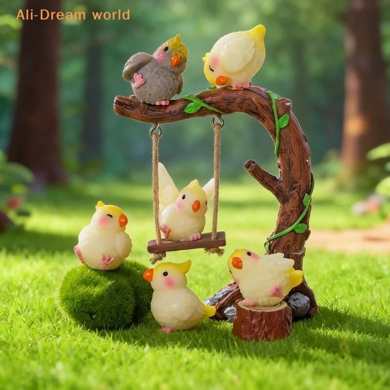 (6PCS Cute Cartoon Cockatiel Ornaments Horticultural Plant Animal Resin Handicraft Birds Models DIY Home Garden Decoration)