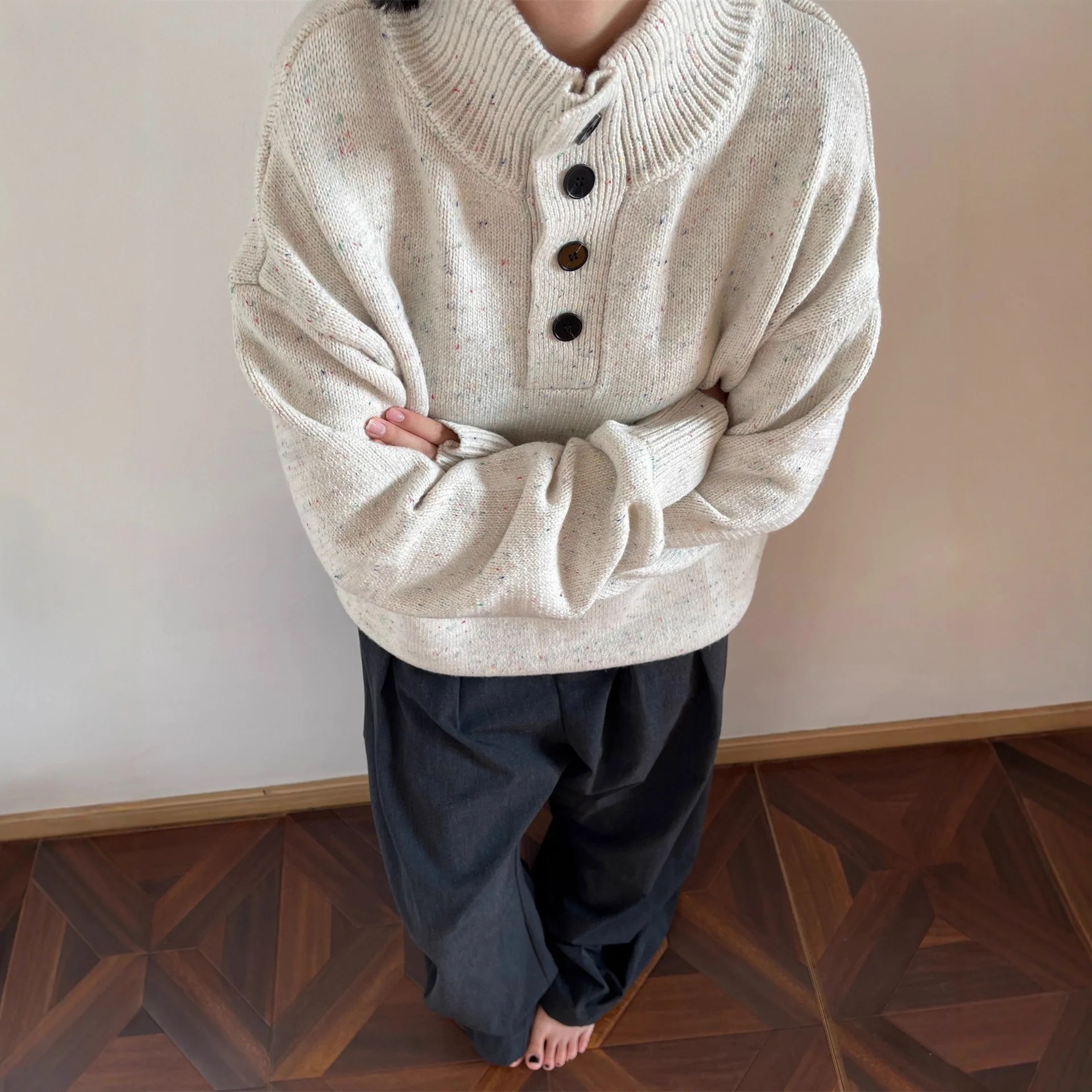 

American retro half turtleneck pullover for men and women in autumn and winter warm loose lazy American knitwear