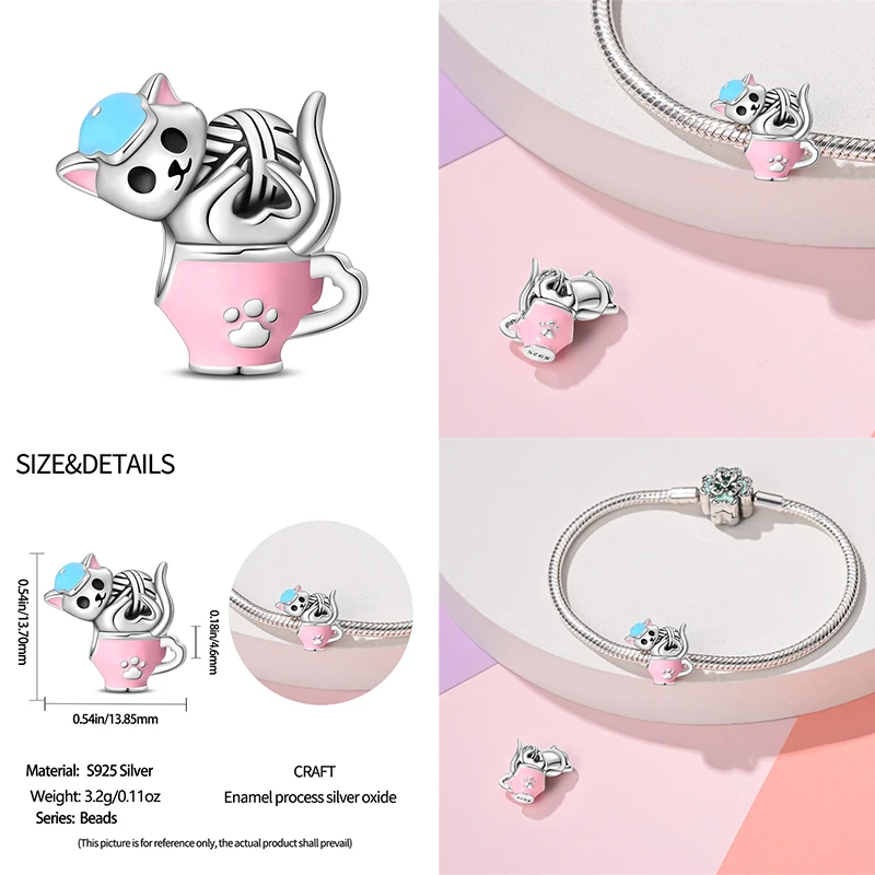 925 Sterling Silver Teacup Music Cat Pink Cat Paw Charms Beads Fit 4MM foro diametro braccialetto Fine fai da te carino gioielli regalo