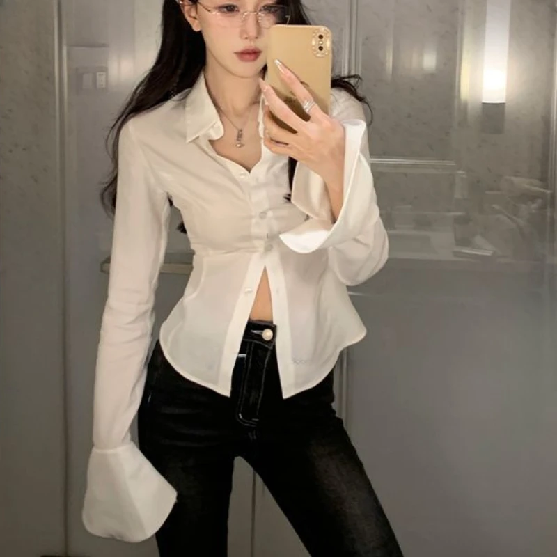 Flare Long Sleeve Women Shirt Slim Fit All-match Trendy Lace-up Design Sweet Spicy Girls Spring Tops Ins Female Clothing Solid