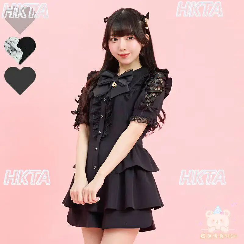 

Japanese Mass Produced 2026 Summer New Sweet Lace Strap Bow Lolita Short Sleeved Ruffle Pleated Dress Black Shorts Suits Women