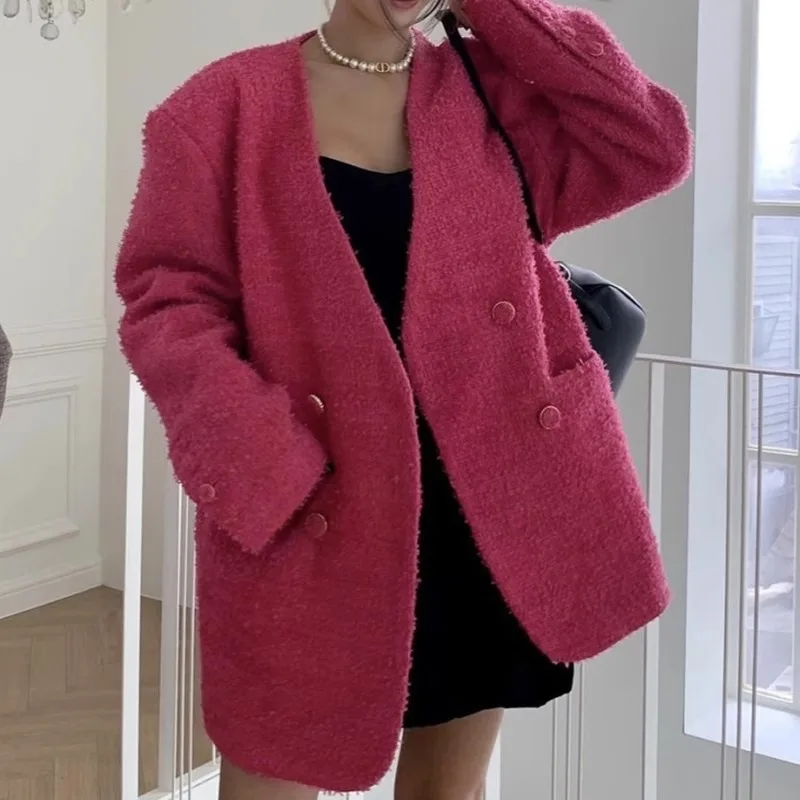 

Retro V-Neck Double Breasted Women'S Autumn And Winter Design Sense, Rose Red Coarse Flower Loose Woolen Coat