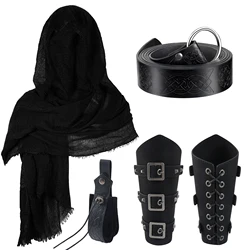 Vintage Pirate Scarf Medieval Hood Cape Leather Print Belt Suit Role Playing Medieval Rivet Wristguard Outdoor Suit