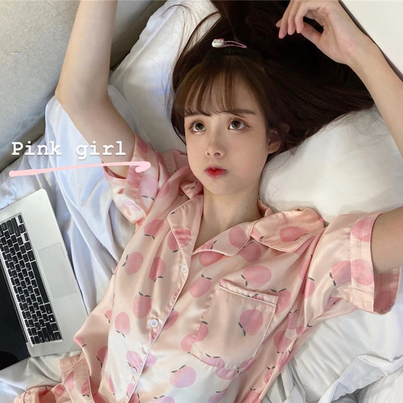 Peach Print Silk Pajamas Set Women Single Breasted Shirts + Shorts Casual Two Piece Home Suit Kawaii Korean Sleepwear Thin