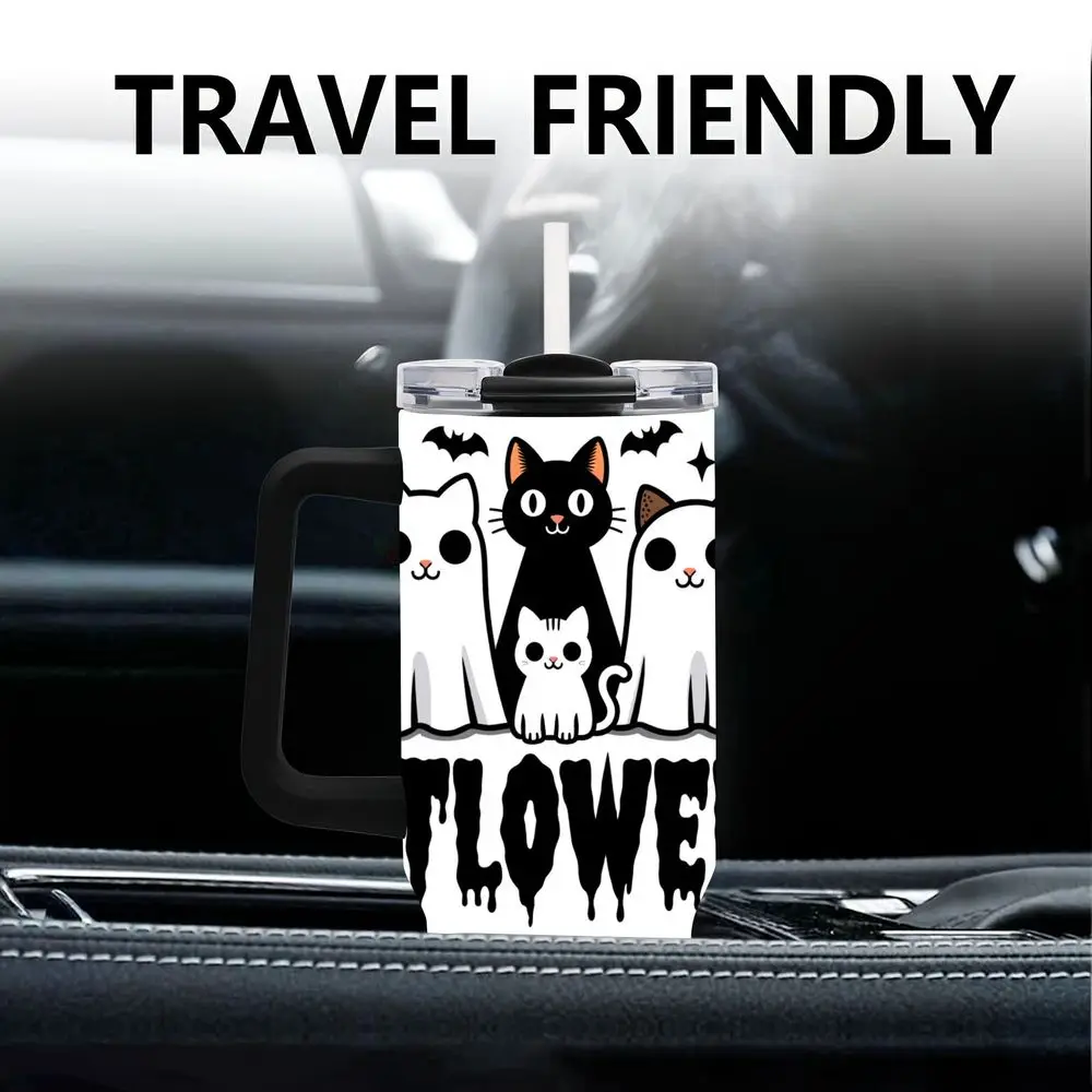1 قطعة 40 أوقية كاتلوين هالوين القطط معزول القدح ، القط الأسود والقطط الشبحية تصميم السفر القدح ، كوب القهوة المعزول على الحائط المزدوج ، C
