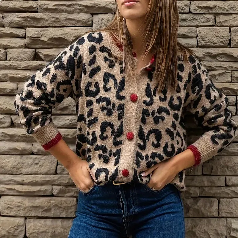 Vintage Contrast Leopard Print Women Cardigan Sweater, Spring Summer Loose Knit Top