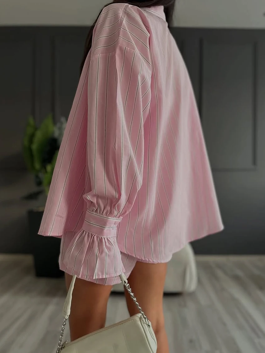 Marthaqiqi Printing Loose Ladies Nightgown Set Turn-Down Collar Nightwear Long Sleeve Pajama Shorts Casual Female Sleepwear Suit