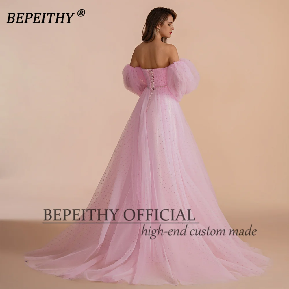 BEPEITHY Customized Sweetheart A Line Evening Prom Dress 2023 With Detachable Sleeves Court Train Pink Formal Occasion Gown New