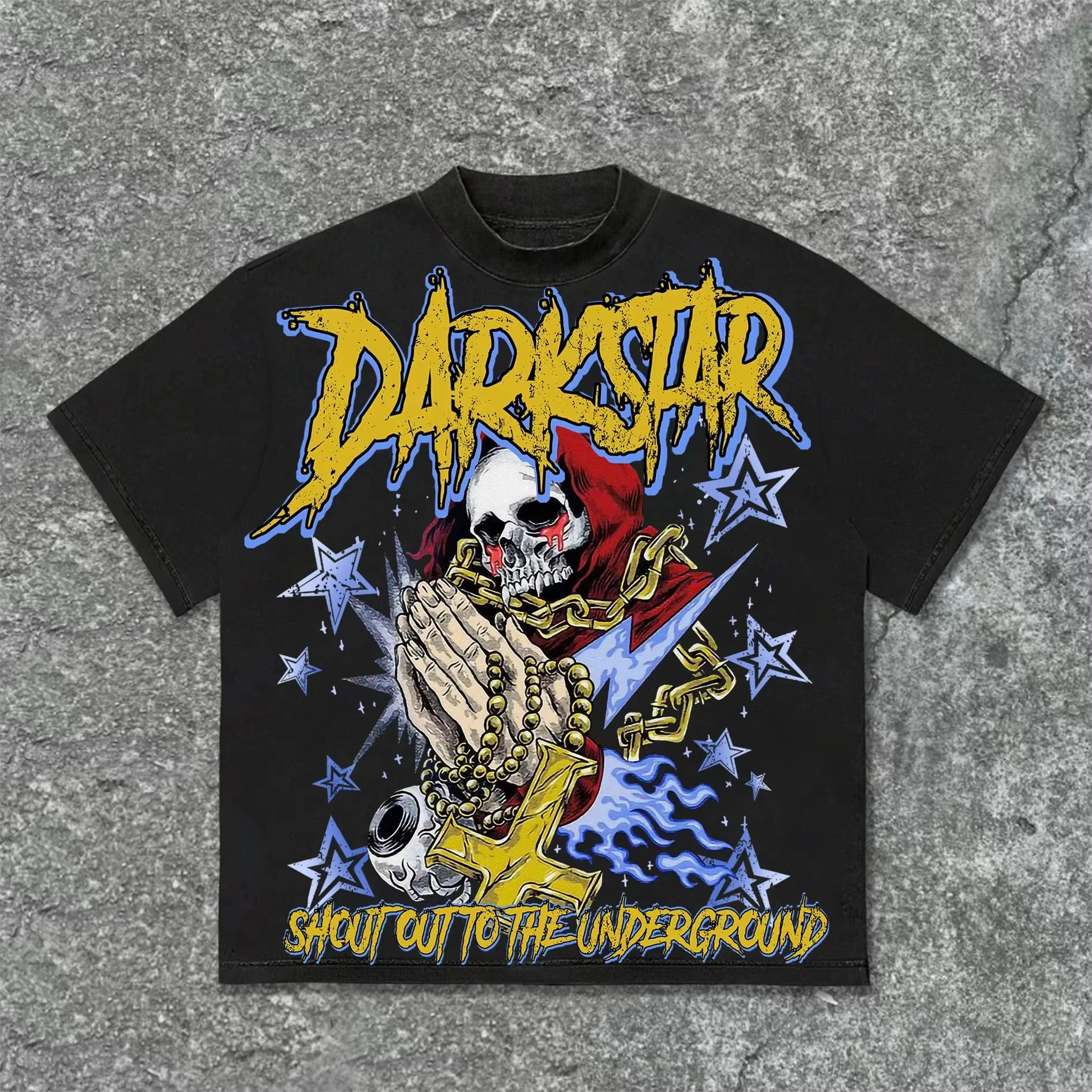 Men's and Women's Y2K Super Large T-Shirt Street Wear American Skull Prayer Cross Faith Graphic Printed Cotton T-Shirt Printed