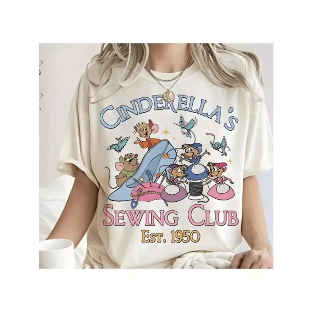

Disney Cinderella Sewing Club Printed Women's Fashion Retro Design Short Sleeve Round Neck Casual Summer Cotton Plus Size Top