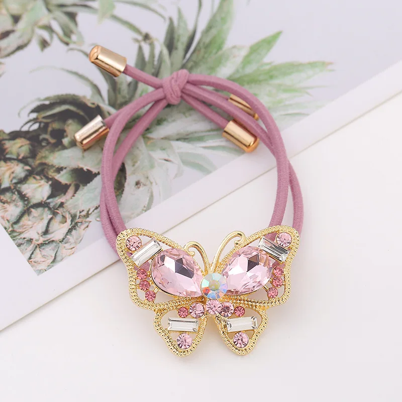 New Fashion Korean Style Alloy Rhinestone Butterfly  High Elasticity Rubber Band Hair Rope For Girl Women Summer Ponytail Tie