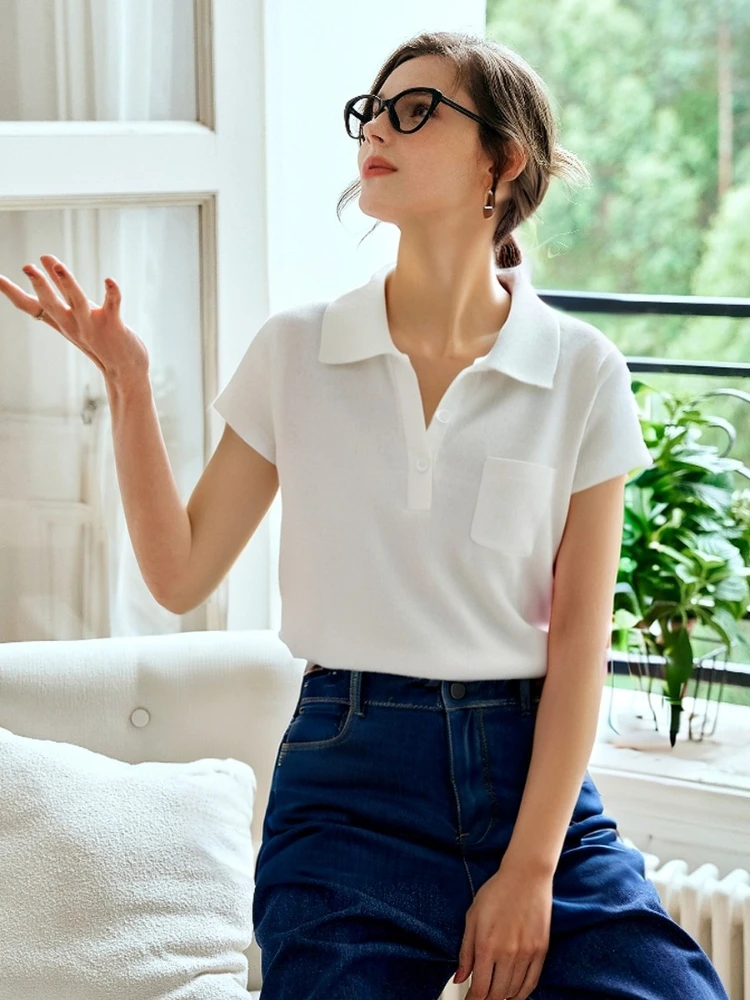 

OLrain летние белые вязаные свитера с воротником поло женские 2025 повседневные джемперы с короткими рукавами и карманами женские пуловеры трикотаж O57XZ98989